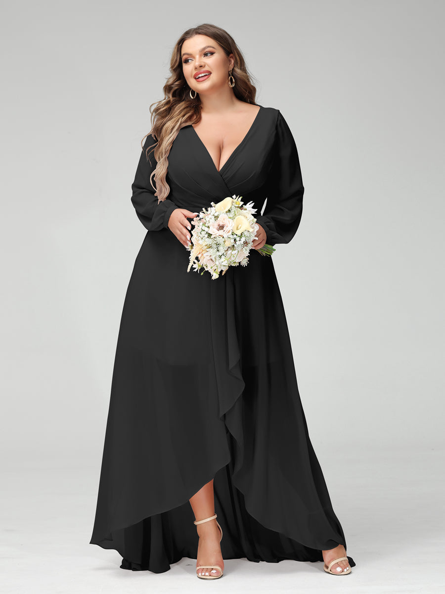 A-Line/Princess V-Neck Long Sleeves Chiffon Ruched Asymmetrical Plus Size Bridesmaid Dresses with Pockets Black