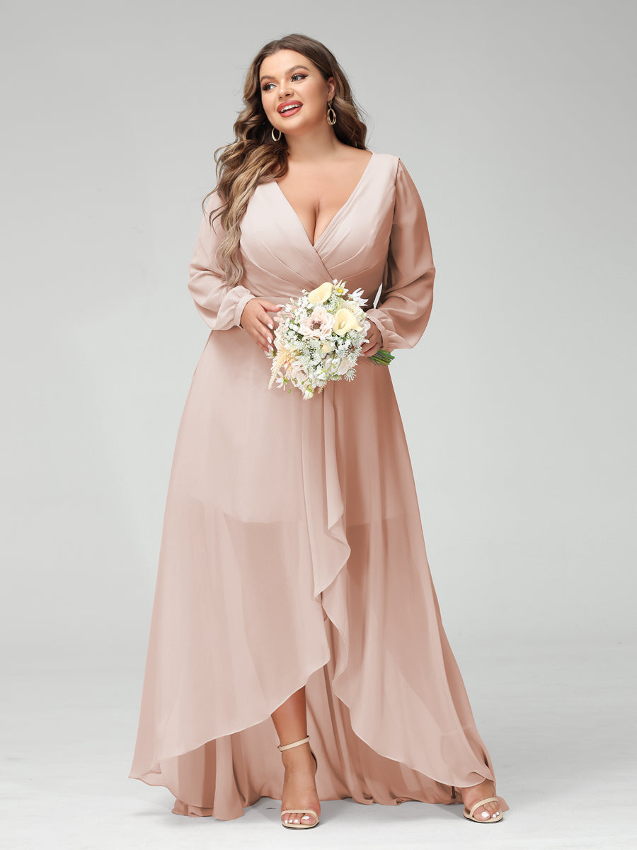 A-Line/Princess V-Neck Long Sleeves Chiffon Ruched Asymmetrical Plus Size Bridesmaid Dresses with Pockets Blush Pink