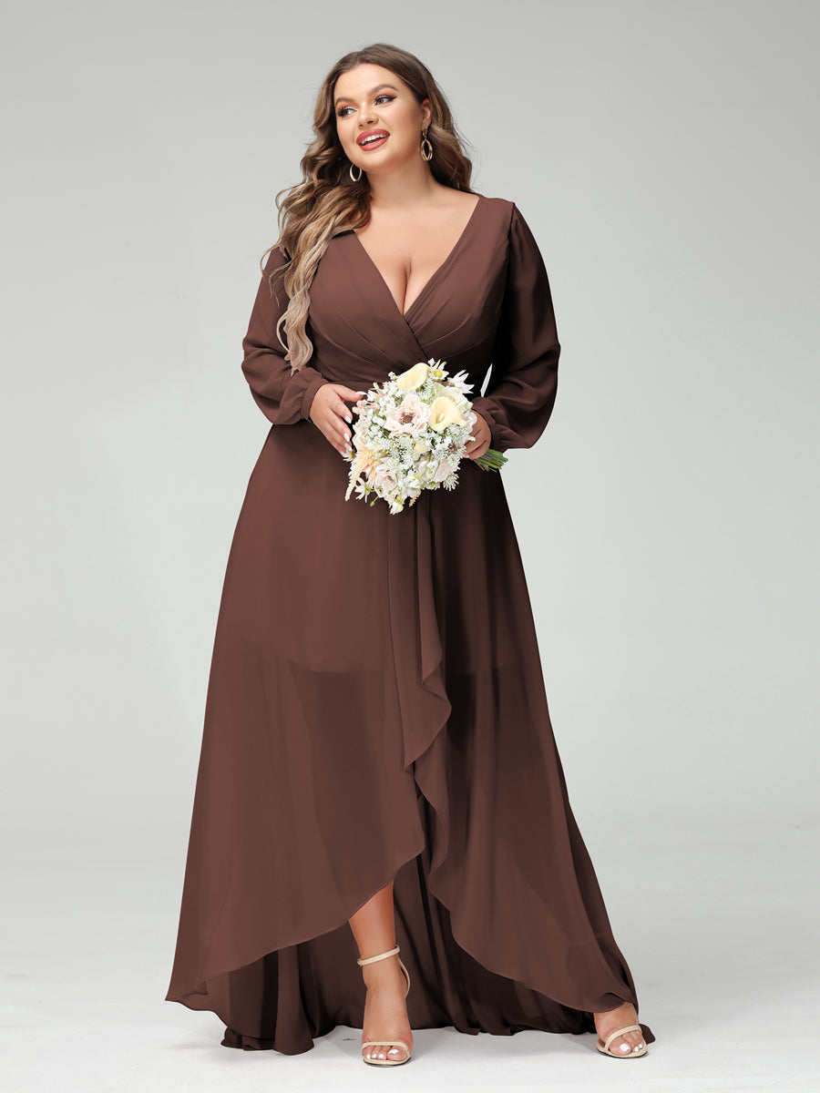 A-Line/Princess V-Neck Long Sleeves Chiffon Ruched Asymmetrical Plus Size Bridesmaid Dresses with Pockets Brown