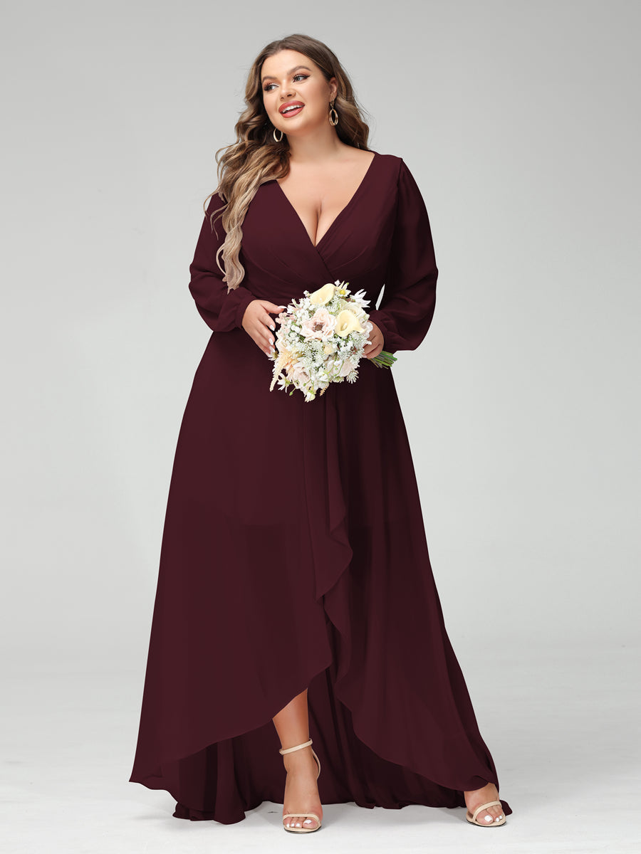 A-Line/Princess V-Neck Long Sleeves Chiffon Ruched Asymmetrical Plus Size Bridesmaid Dresses with Pockets Burgundy