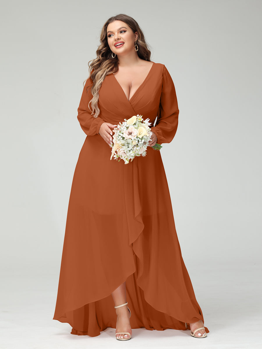 A-Line/Princess V-Neck Long Sleeves Chiffon Ruched Asymmetrical Plus Size Bridesmaid Dresses with Pockets Burnt Orange