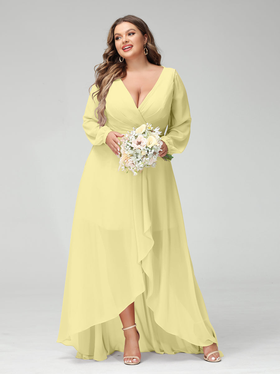 A-Line/Princess V-Neck Long Sleeves Chiffon Ruched Asymmetrical Plus Size Bridesmaid Dresses with Pockets Canary