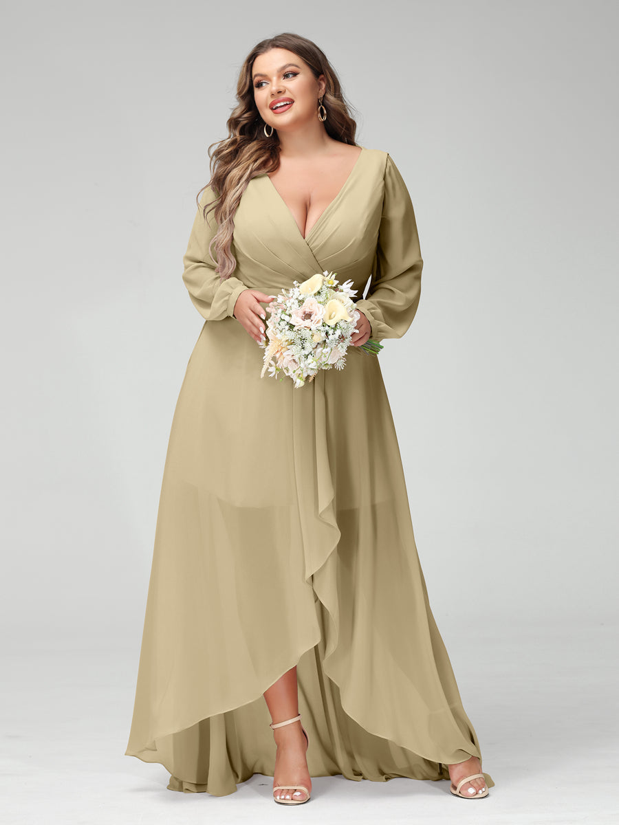 A-Line/Princess V-Neck Long Sleeves Chiffon Ruched Asymmetrical Plus Size Bridesmaid Dresses with Pockets Champagne
