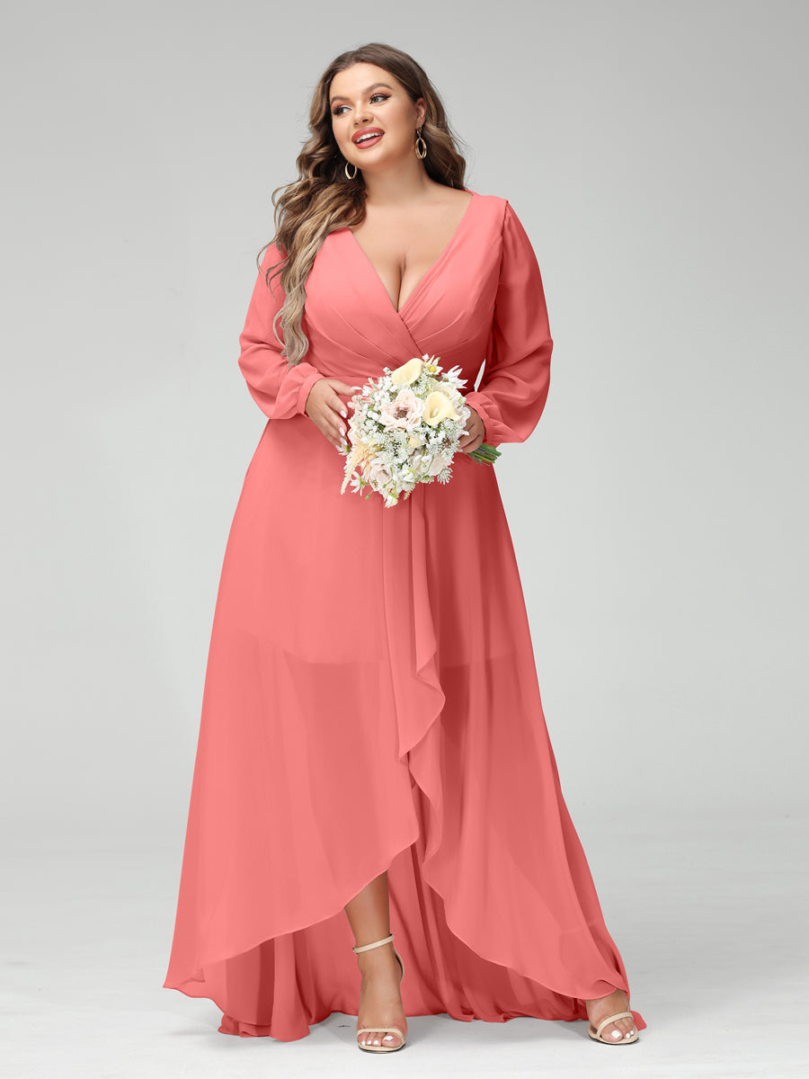 A-Line/Princess V-Neck Long Sleeves Chiffon Ruched Asymmetrical Plus Size Bridesmaid Dresses with Pockets Coral