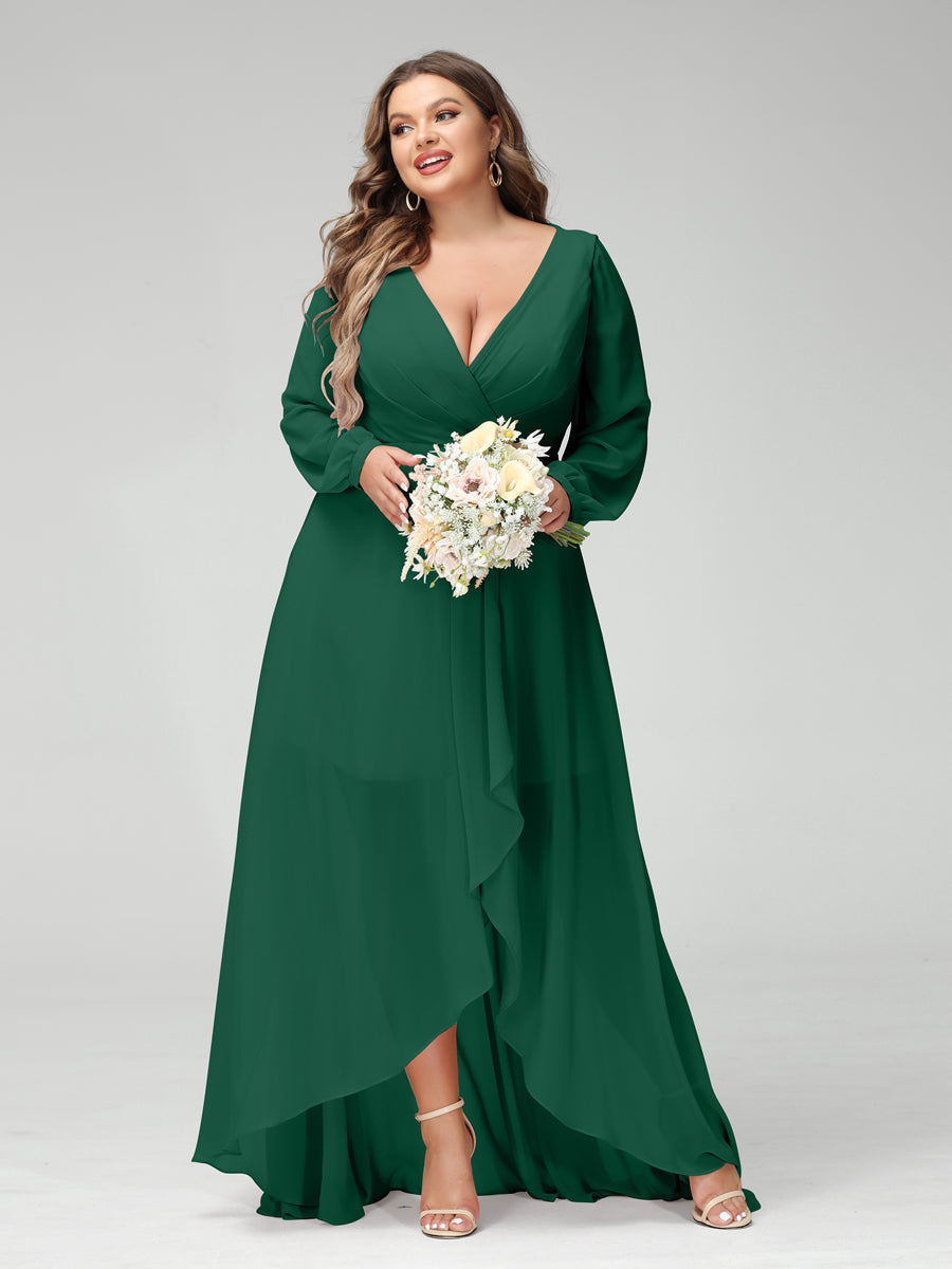 A-Line/Princess V-Neck Long Sleeves Chiffon Ruched Asymmetrical Plus Size Bridesmaid Dresses with Pockets Dark Green