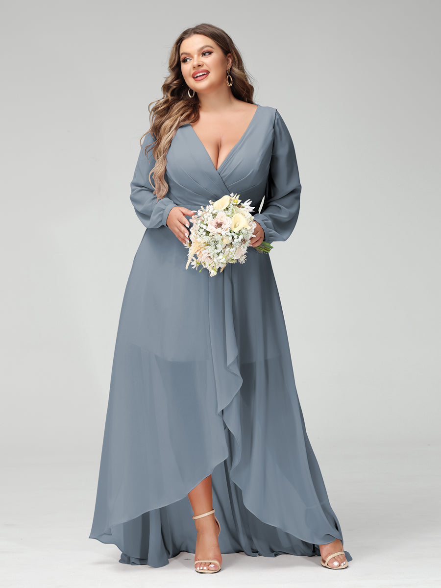 A-Line/Princess V-Neck Long Sleeves Chiffon Ruched Asymmetrical Plus Size Bridesmaid Dresses with Pockets Dusty Blue