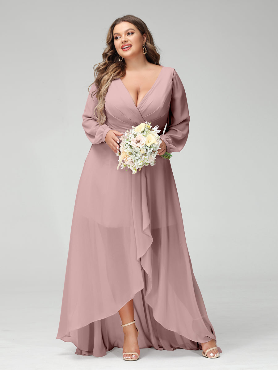 A-Line/Princess V-Neck Long Sleeves Chiffon Ruched Asymmetrical Plus Size Bridesmaid Dresses with Pockets Dusty Pink