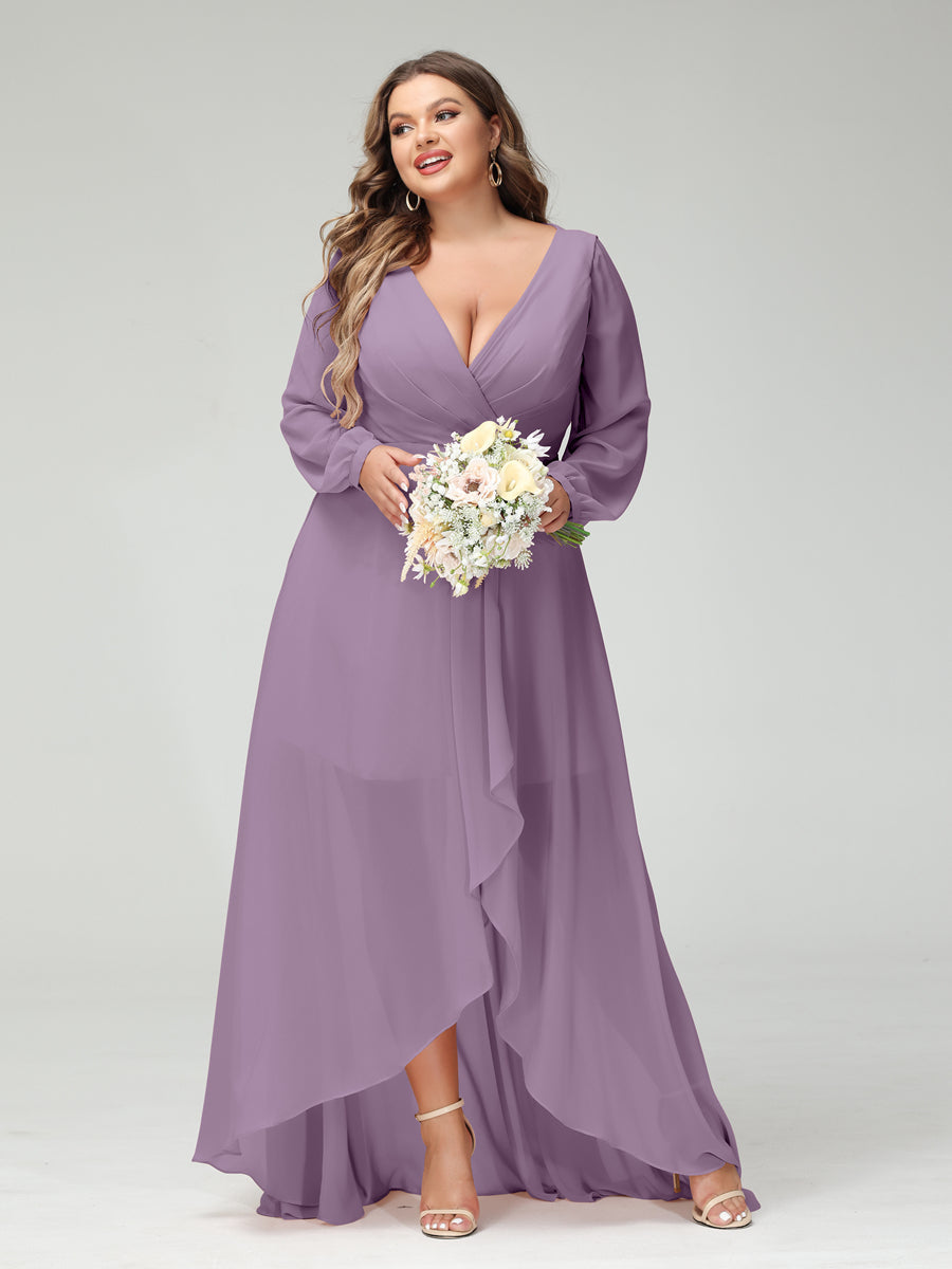 A-Line/Princess V-Neck Long Sleeves Chiffon Ruched Asymmetrical Plus Size Bridesmaid Dresses with Pockets Dusty Purple