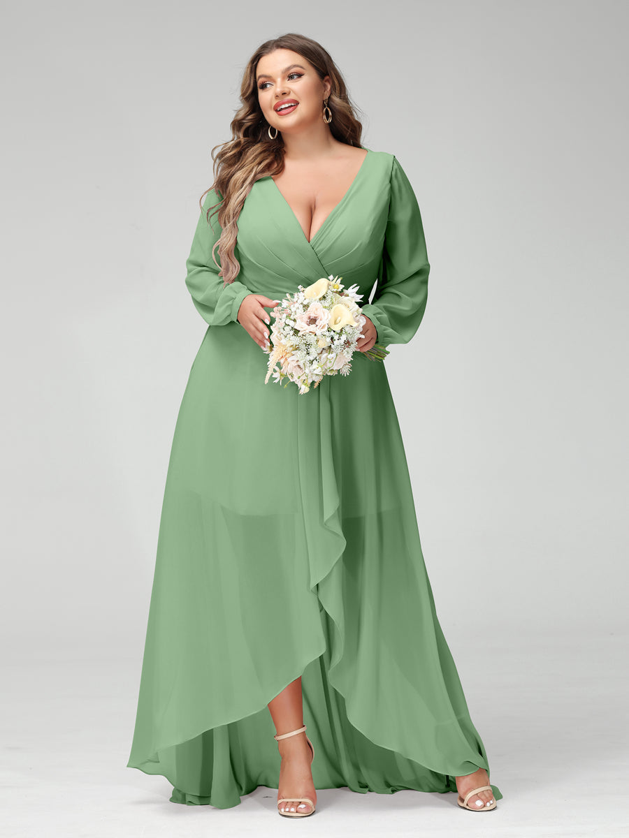 A-Line/Princess V-Neck Long Sleeves Chiffon Ruched Asymmetrical Plus Size Bridesmaid Dresses with Pockets Dusty Sage