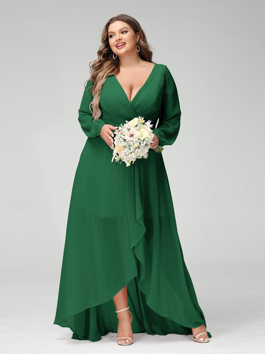 A-Line/Princess V-Neck Long Sleeves Chiffon Ruched Asymmetrical Plus Size Bridesmaid Dresses with Pockets Emerald