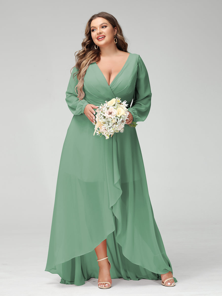 A-Line/Princess V-Neck Long Sleeves Chiffon Ruched Asymmetrical Plus Size Bridesmaid Dresses with Pockets Eucalyptus