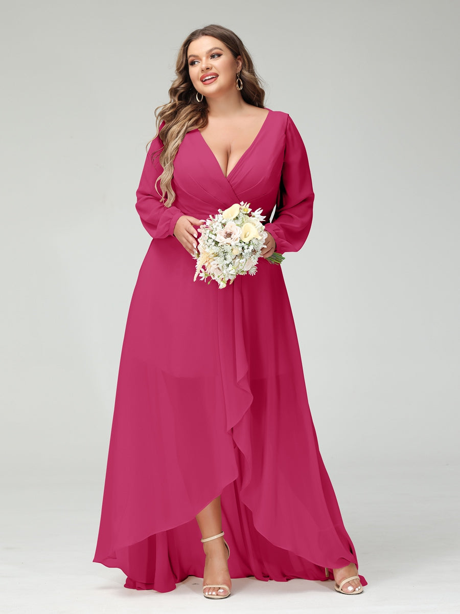 A-Line/Princess V-Neck Long Sleeves Chiffon Ruched Asymmetrical Plus Size Bridesmaid Dresses with Pockets Fuchsia