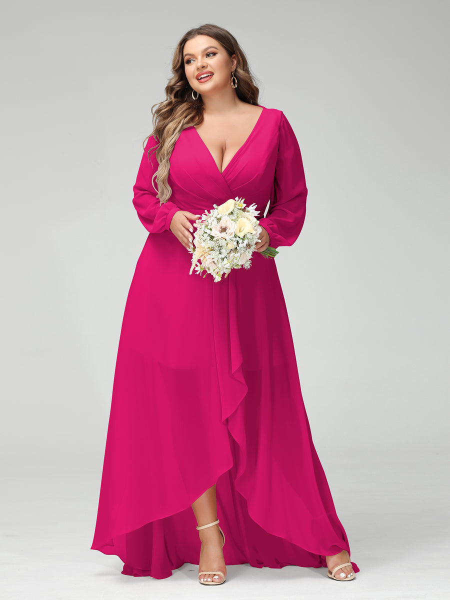 A-Line/Princess V-Neck Long Sleeves Chiffon Ruched Asymmetrical Plus Size Bridesmaid Dresses with Pockets Fuchsia Pink