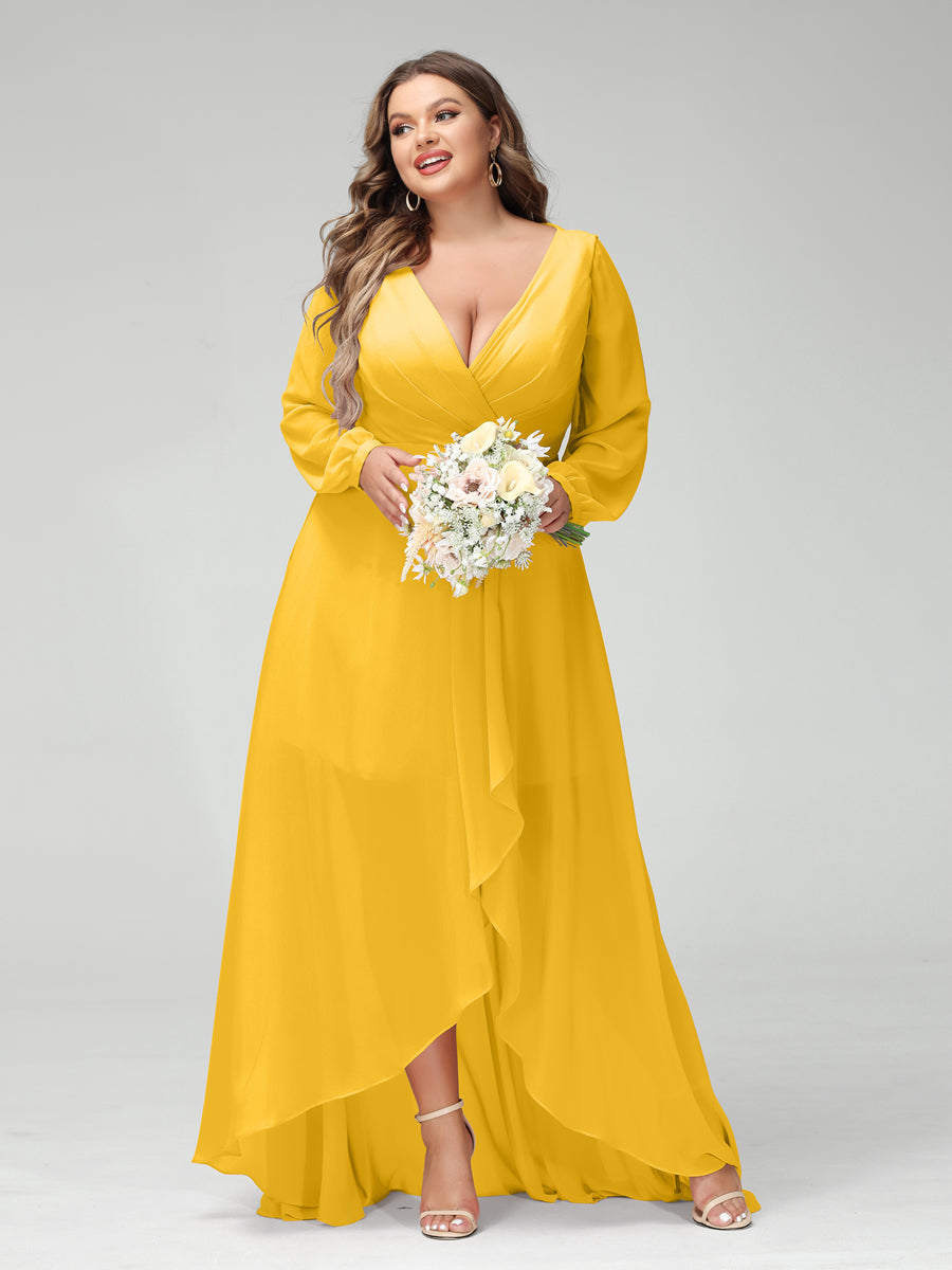A-Line/Princess V-Neck Long Sleeves Chiffon Ruched Asymmetrical Plus Size Bridesmaid Dresses with Pockets Gold