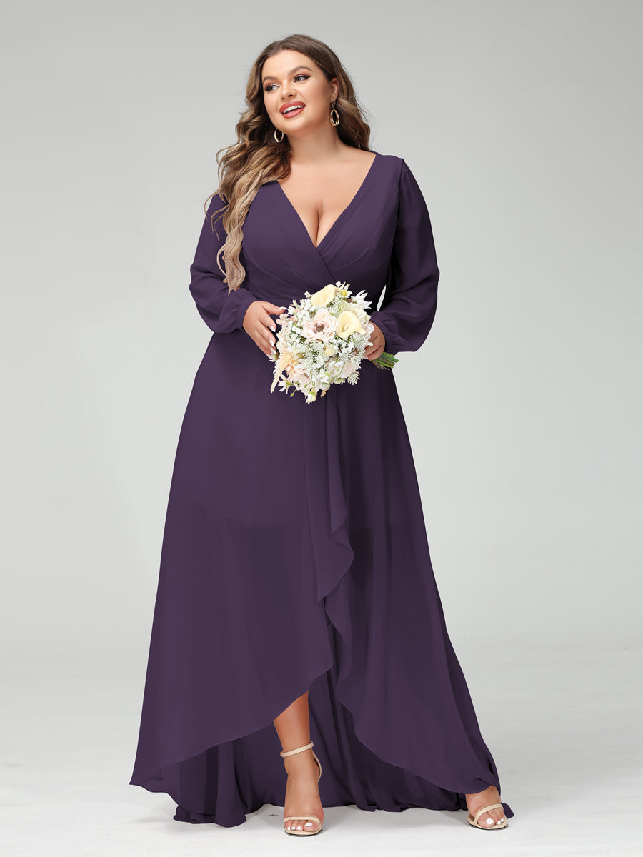 A-Line/Princess V-Neck Long Sleeves Chiffon Ruched Asymmetrical Plus Size Bridesmaid Dresses with Pockets Grape