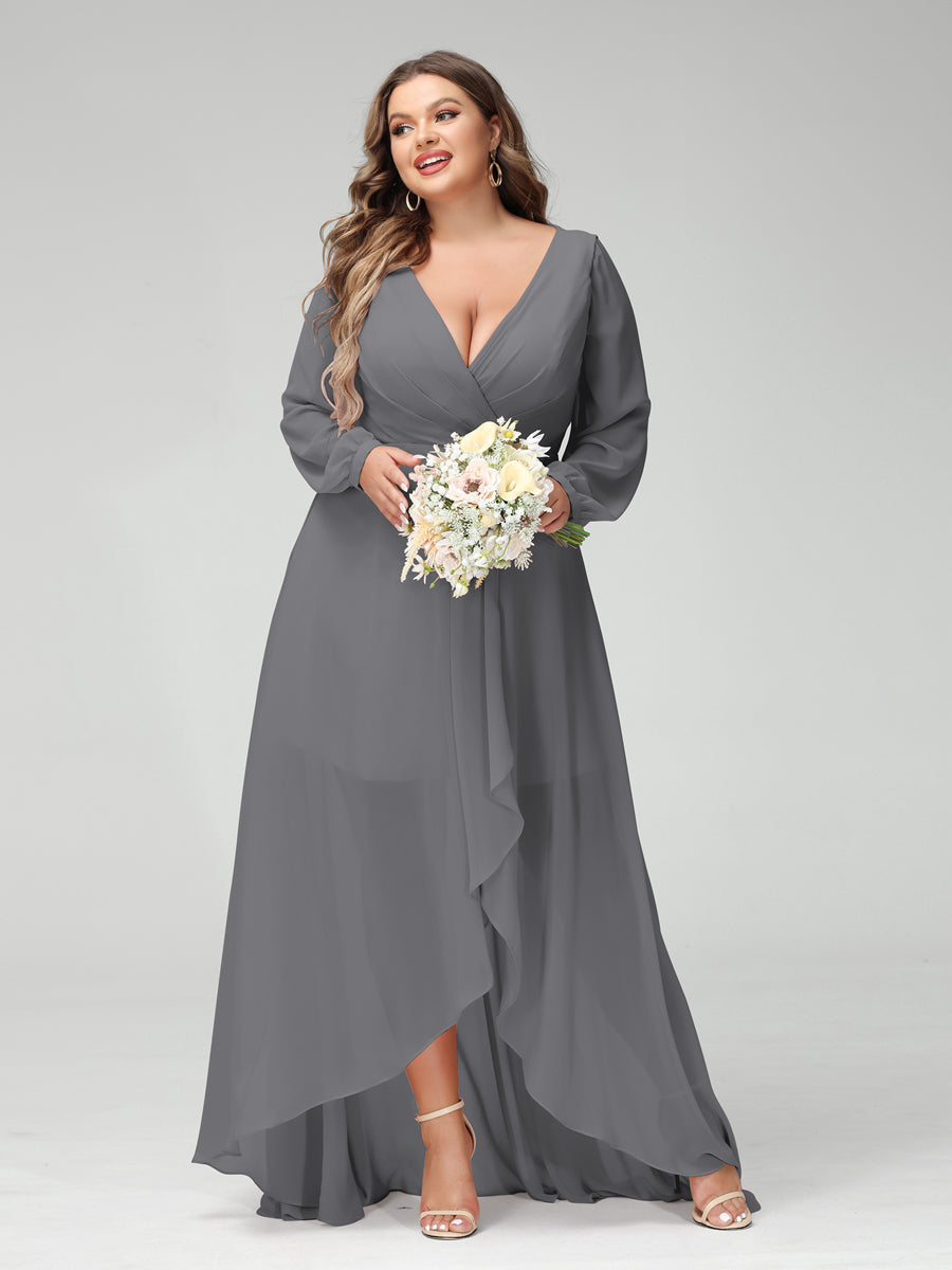 A-Line/Princess V-Neck Long Sleeves Chiffon Ruched Asymmetrical Plus Size Bridesmaid Dresses with Pockets Gray