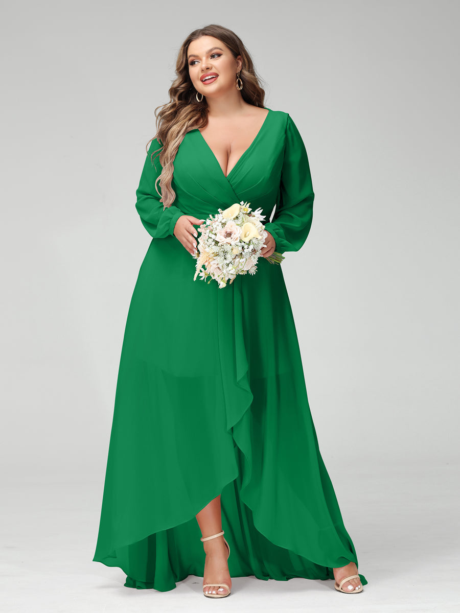 A-Line/Princess V-Neck Long Sleeves Chiffon Ruched Asymmetrical Plus Size Bridesmaid Dresses with Pockets Green