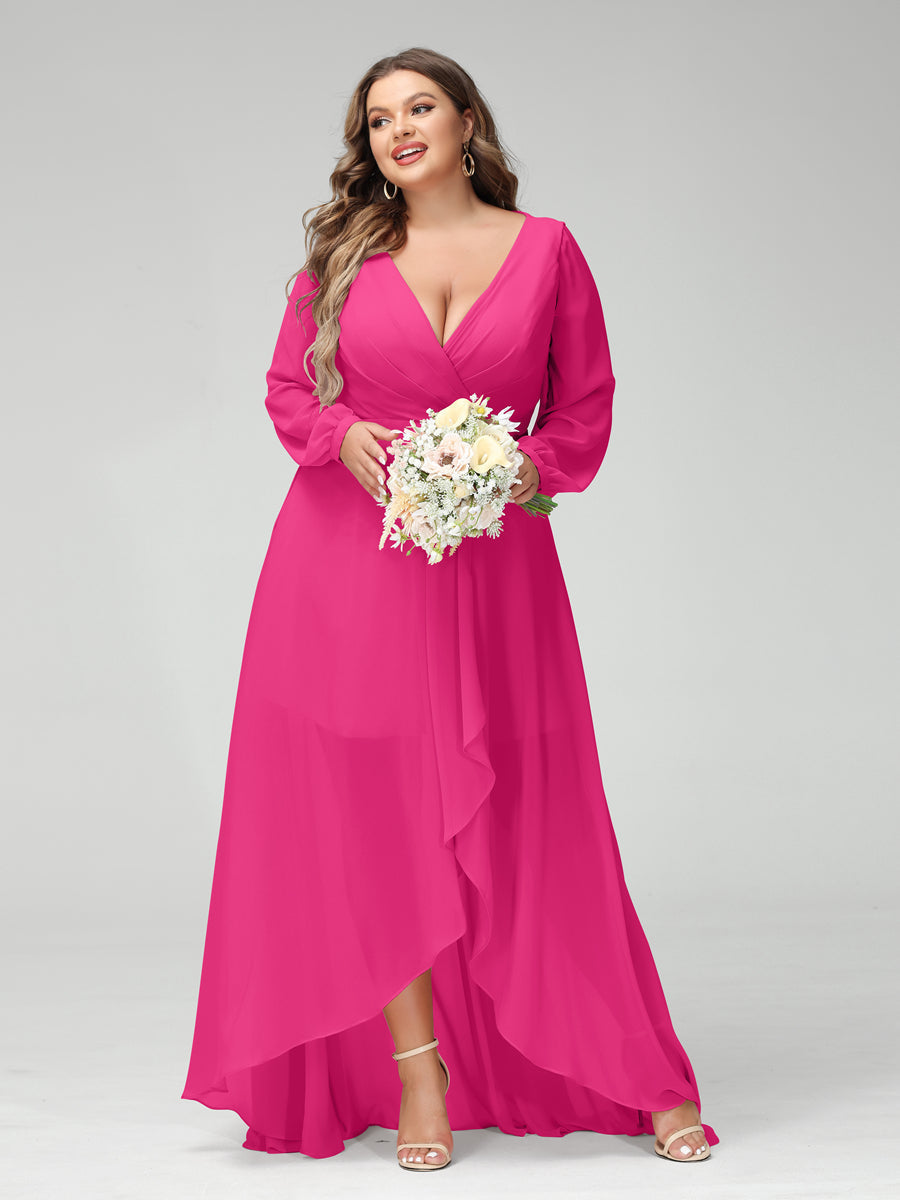 A-Line/Princess V-Neck Long Sleeves Chiffon Ruched Asymmetrical Plus Size Bridesmaid Dresses with Pockets Hot Pink