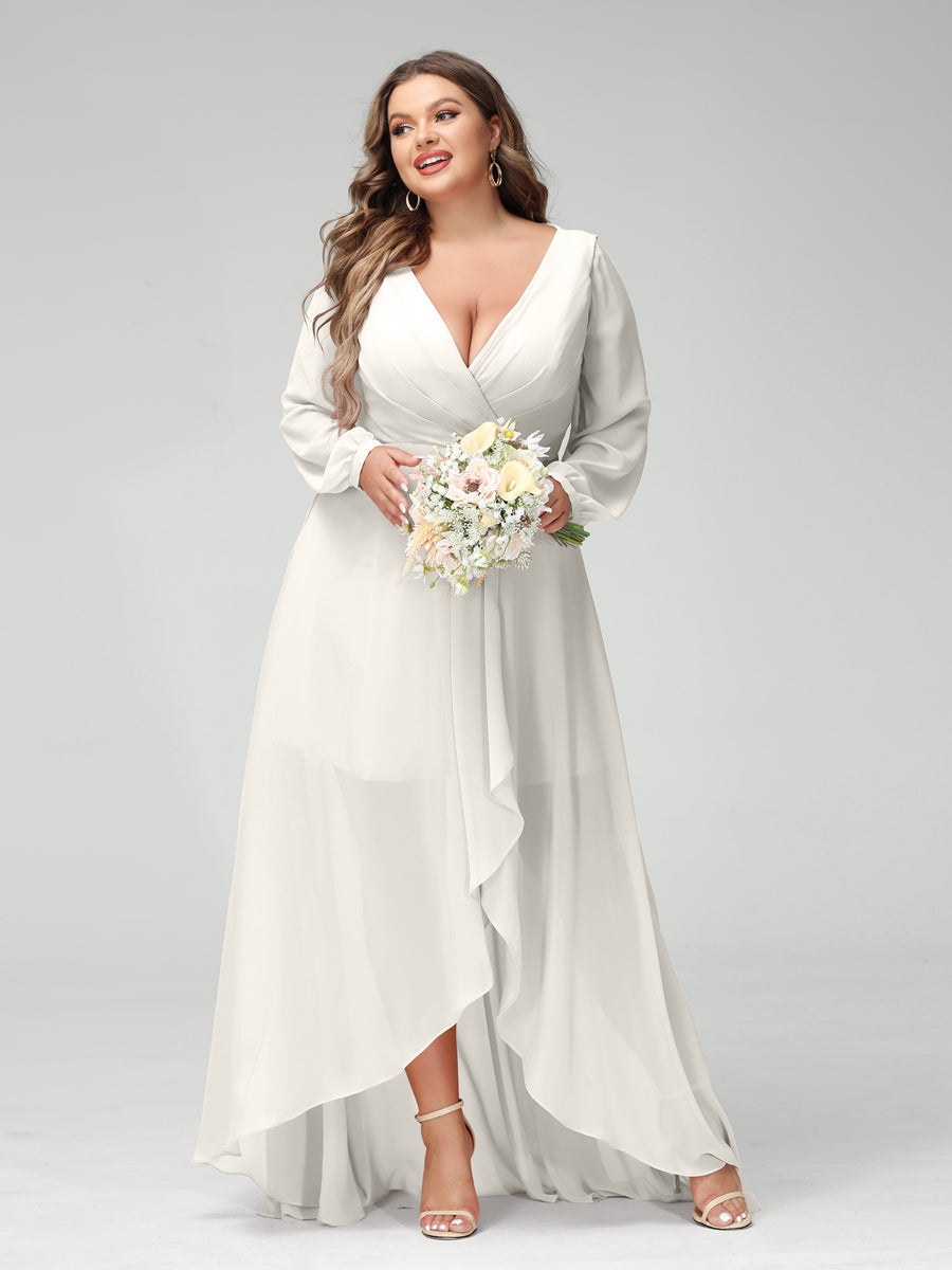 A-Line/Princess V-Neck Long Sleeves Chiffon Ruched Asymmetrical Plus Size Bridesmaid Dresses with Pockets Ivory