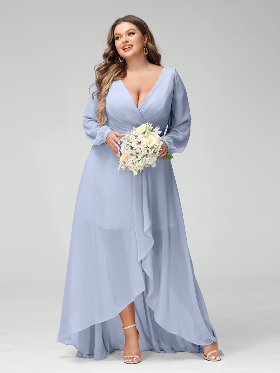 A-Line/Princess V-Neck Long Sleeves Chiffon Ruched Asymmetrical Plus Size Bridesmaid Dresses with Pockets Lavender