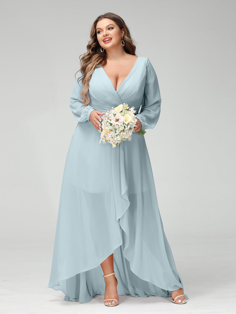 A-Line/Princess V-Neck Long Sleeves Chiffon Ruched Asymmetrical Plus Size Bridesmaid Dresses with Pockets Light Blue