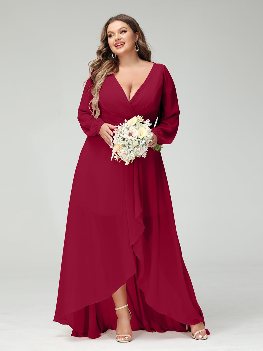 A-Line/Princess V-Neck Long Sleeves Chiffon Ruched Asymmetrical Plus Size Bridesmaid Dresses with Pockets Light Burgundy