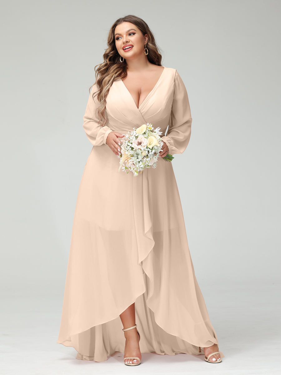 A-Line/Princess V-Neck Long Sleeves Chiffon Ruched Asymmetrical Plus Size Bridesmaid Dresses with Pockets Light Champagne
