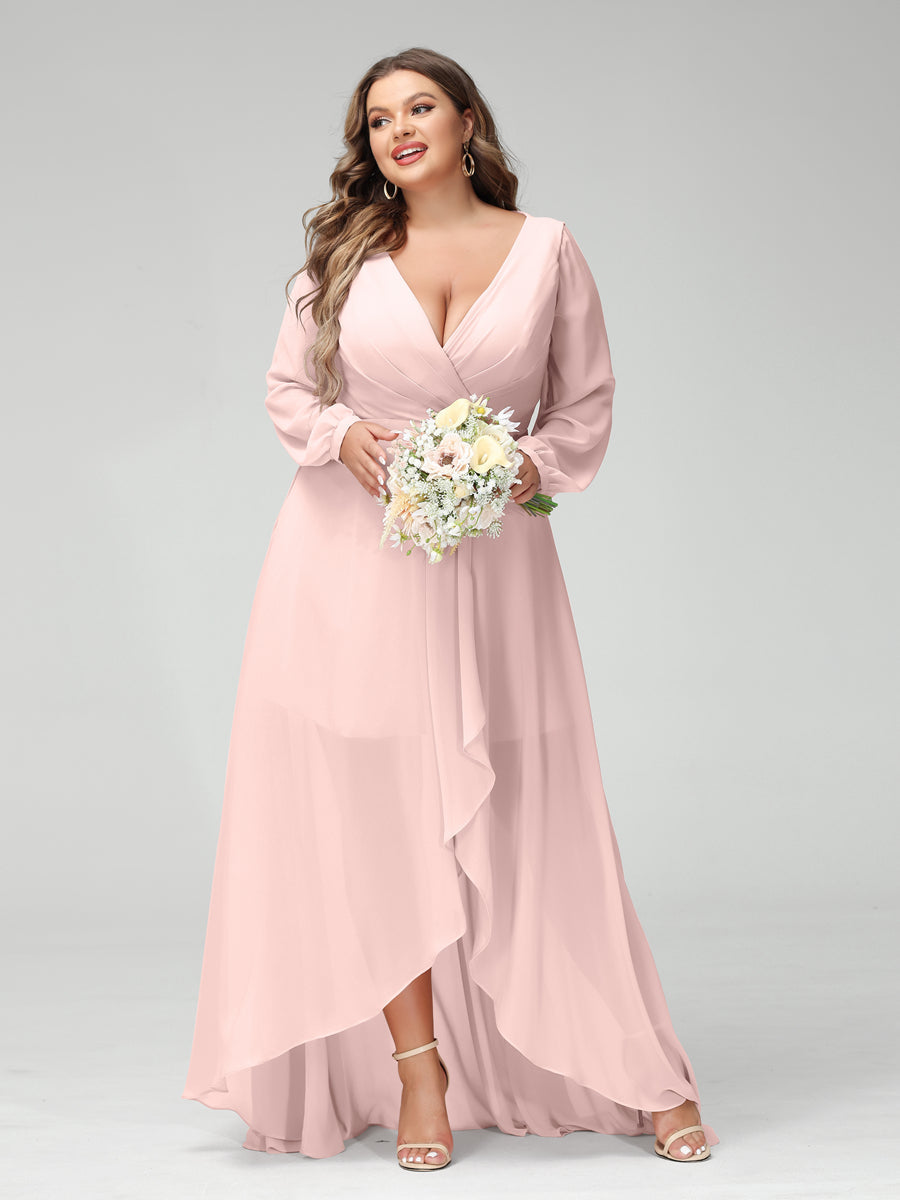 A-Line/Princess V-Neck Long Sleeves Chiffon Ruched Asymmetrical Plus Size Bridesmaid Dresses with Pockets Light Pink