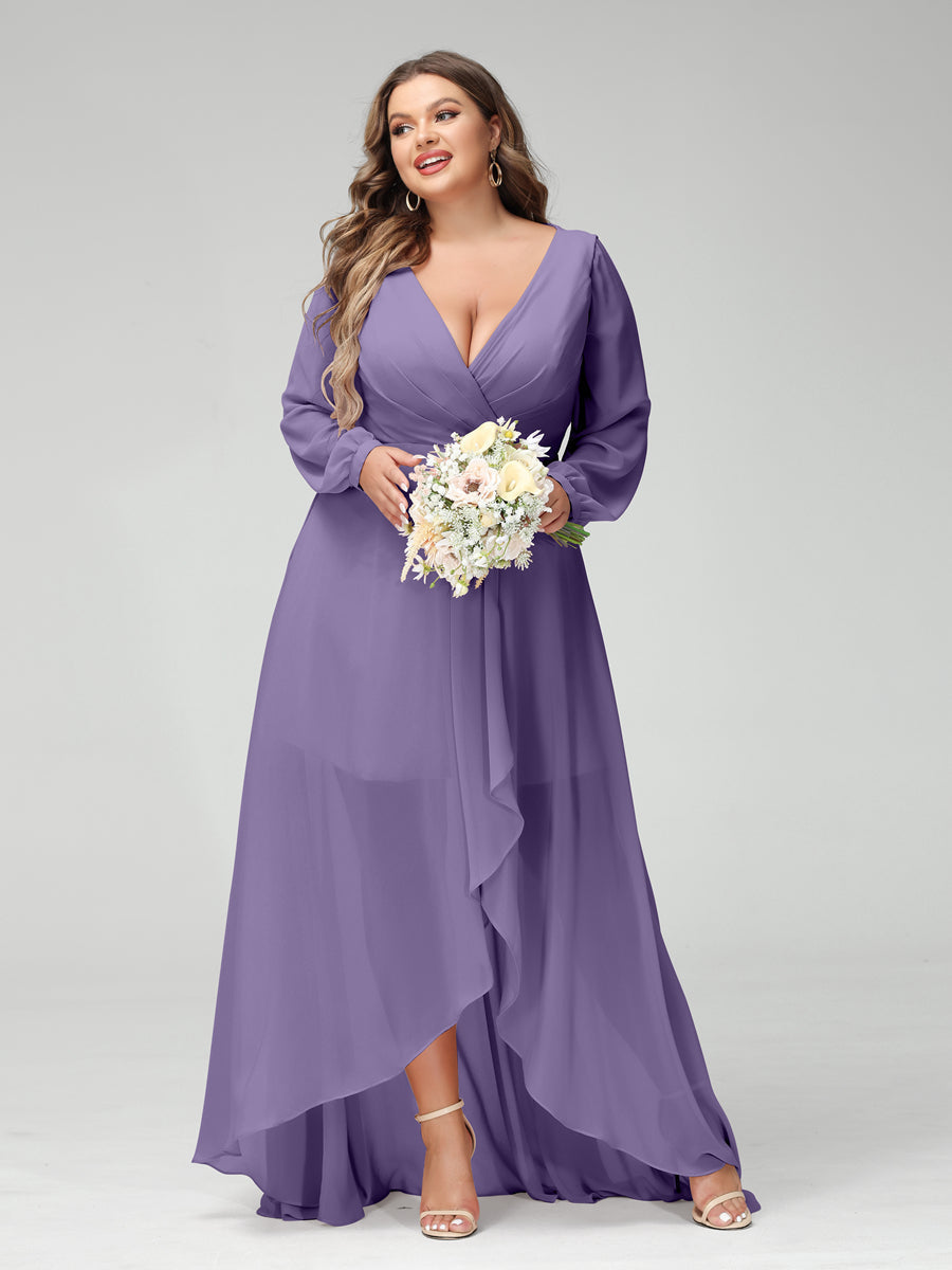 A-Line/Princess V-Neck Long Sleeves Chiffon Ruched Asymmetrical Plus Size Bridesmaid Dresses with Pockets Light Purple