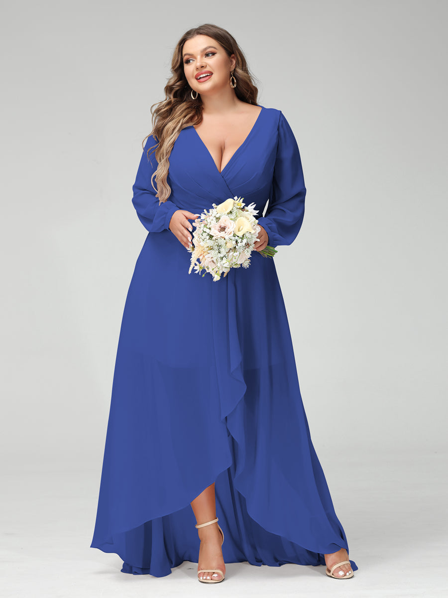 A-Line/Princess V-Neck Long Sleeves Chiffon Ruched Asymmetrical Plus Size Bridesmaid Dresses with Pockets Light Royal Blue