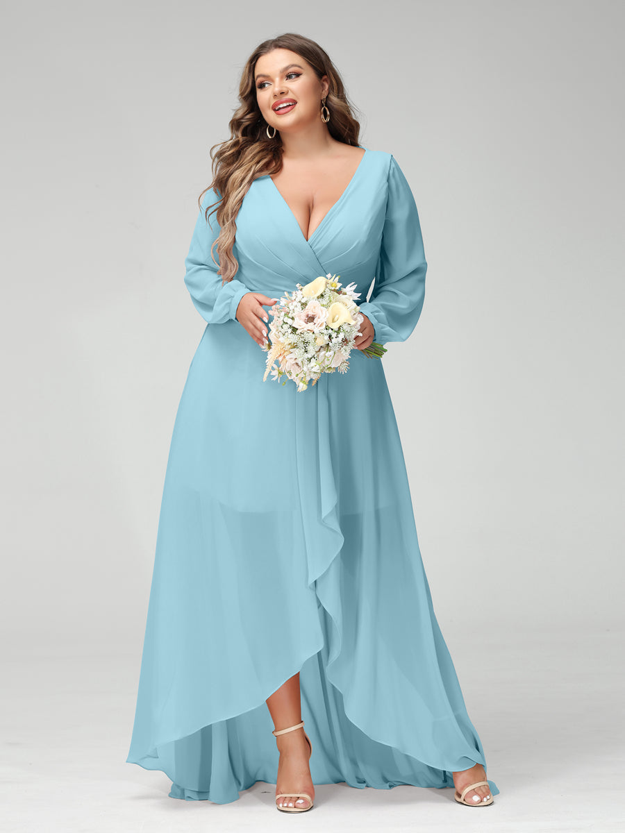 A-Line/Princess V-Neck Long Sleeves Chiffon Ruched Asymmetrical Plus Size Bridesmaid Dresses with Pockets Light Sky Blue