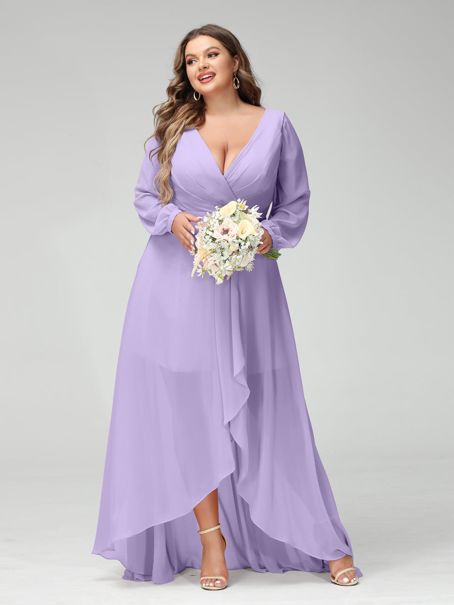 A-Line/Princess V-Neck Long Sleeves Chiffon Ruched Asymmetrical Plus Size Bridesmaid Dresses with Pockets Lilac