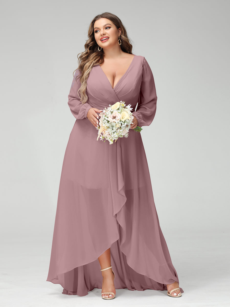 A-Line/Princess V-Neck Long Sleeves Chiffon Ruched Asymmetrical Plus Size Bridesmaid Dresses with Pockets Mauve
