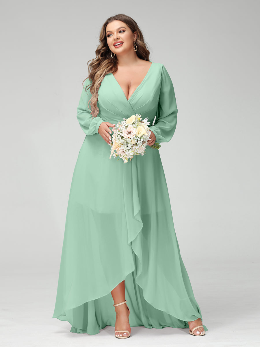 A-Line/Princess V-Neck Long Sleeves Chiffon Ruched Asymmetrical Plus Size Bridesmaid Dresses with Pockets Mint Green