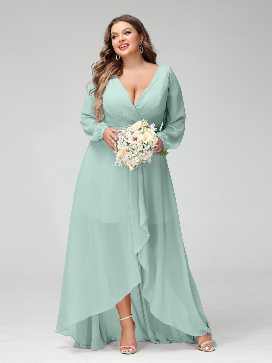 A-Line/Princess V-Neck Long Sleeves Chiffon Ruched Asymmetrical Plus Size Bridesmaid Dresses with Pockets Mist Blue