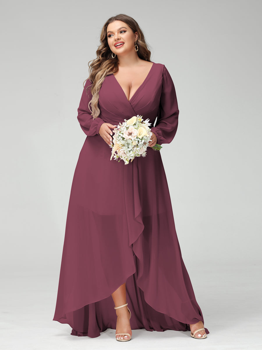 A-Line/Princess V-Neck Long Sleeves Chiffon Ruched Asymmetrical Plus Size Bridesmaid Dresses with Pockets Mulberry
