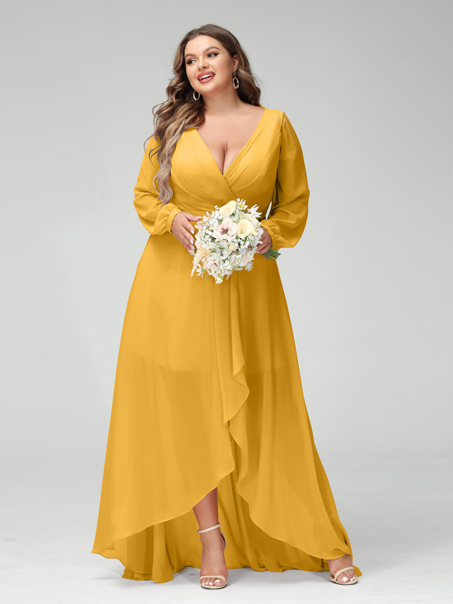 A-Line/Princess V-Neck Long Sleeves Chiffon Ruched Asymmetrical Plus Size Bridesmaid Dresses with Pockets Mustard Yellow