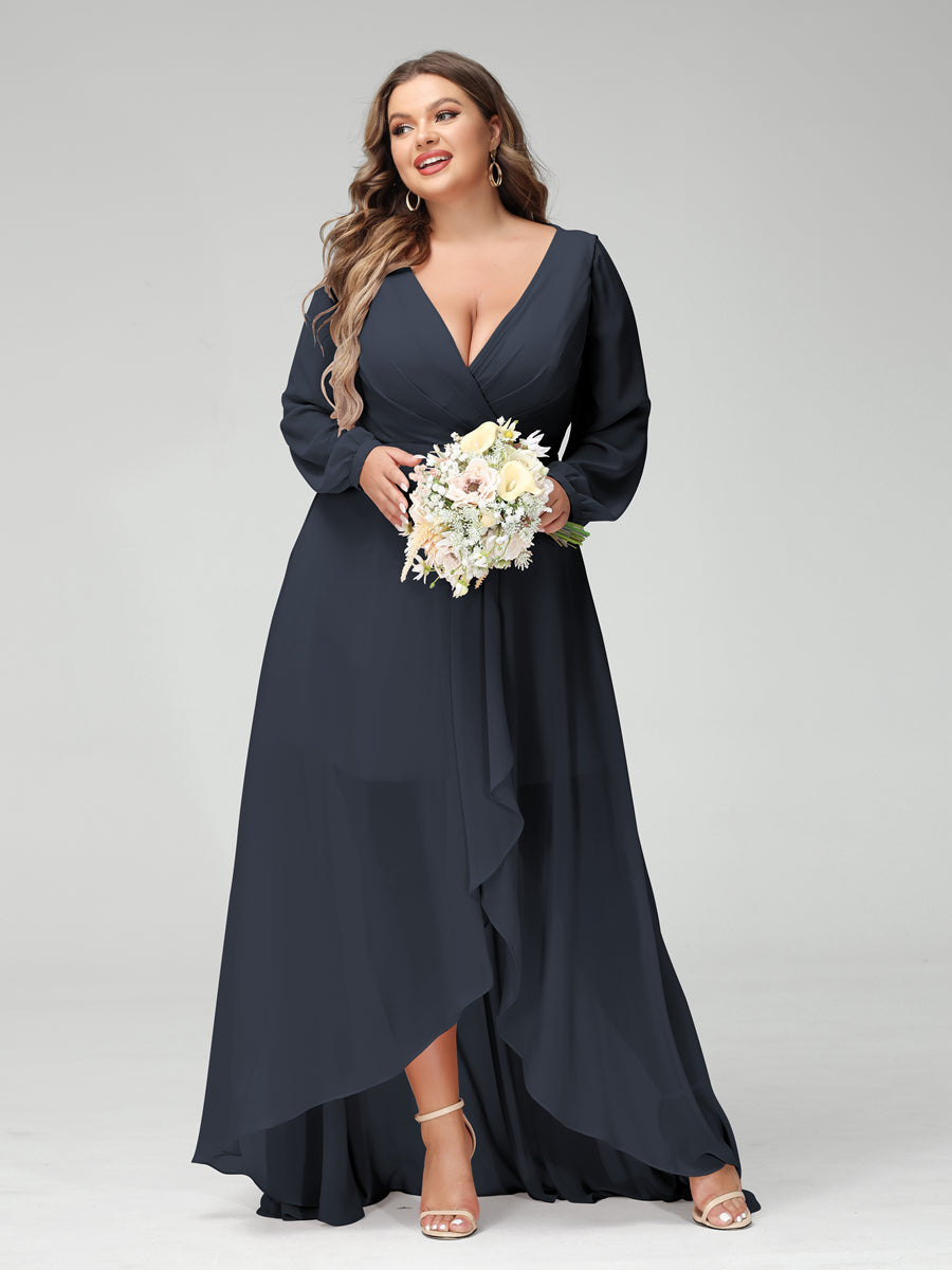 A-Line/Princess V-Neck Long Sleeves Chiffon Ruched Asymmetrical Plus Size Bridesmaid Dresses with Pockets Navy Blue