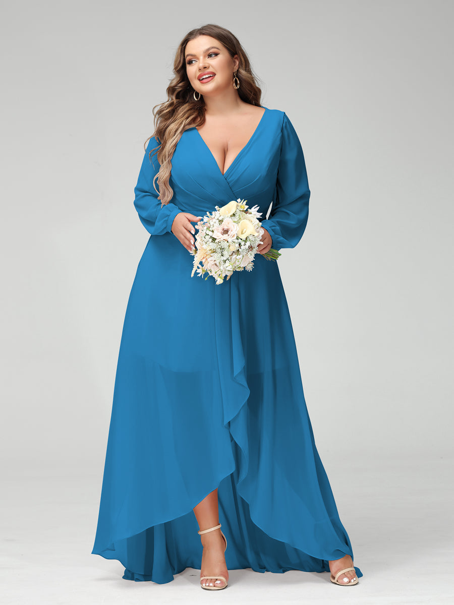 A-Line/Princess V-Neck Long Sleeves Chiffon Ruched Asymmetrical Plus Size Bridesmaid Dresses with Pockets Ocean Blue