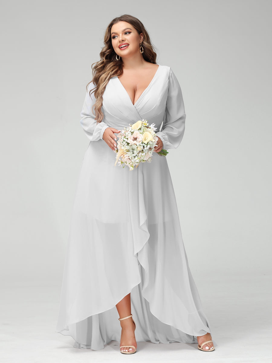 A-Line/Princess V-Neck Long Sleeves Chiffon Ruched Asymmetrical Plus Size Bridesmaid Dresses with Pockets Off White