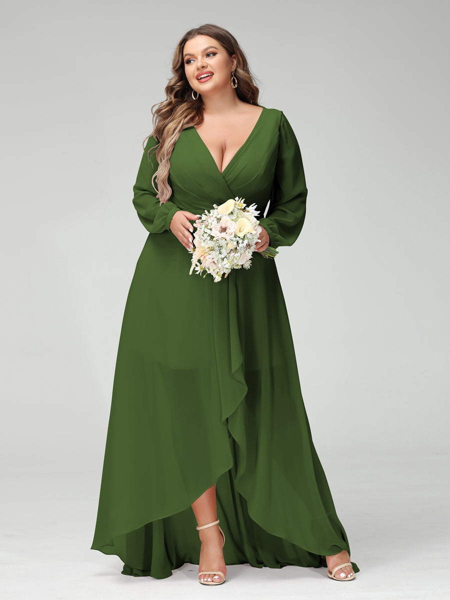 A-Line/Princess V-Neck Long Sleeves Chiffon Ruched Asymmetrical Plus Size Bridesmaid Dresses with Pockets Olive Green