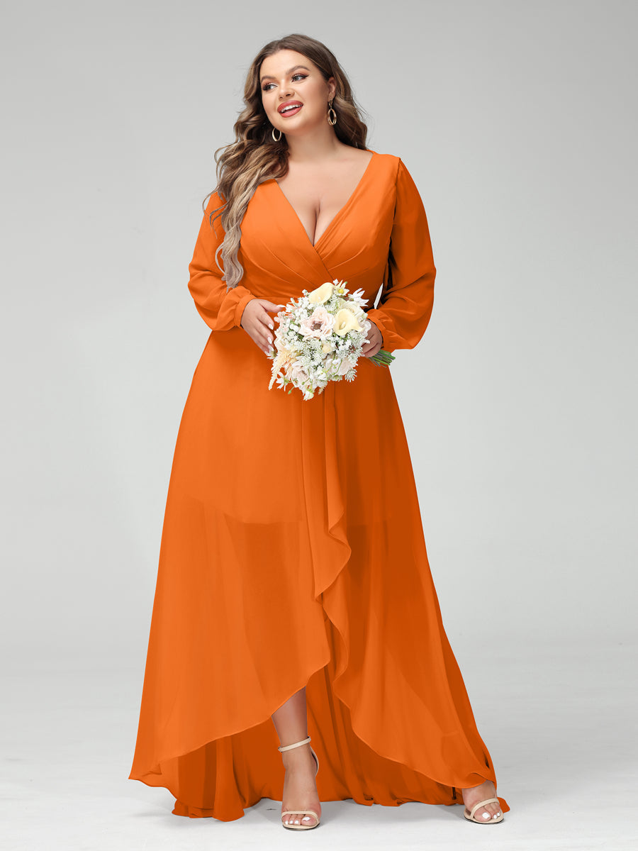 A-Line/Princess V-Neck Long Sleeves Chiffon Ruched Asymmetrical Plus Size Bridesmaid Dresses with Pockets Orange