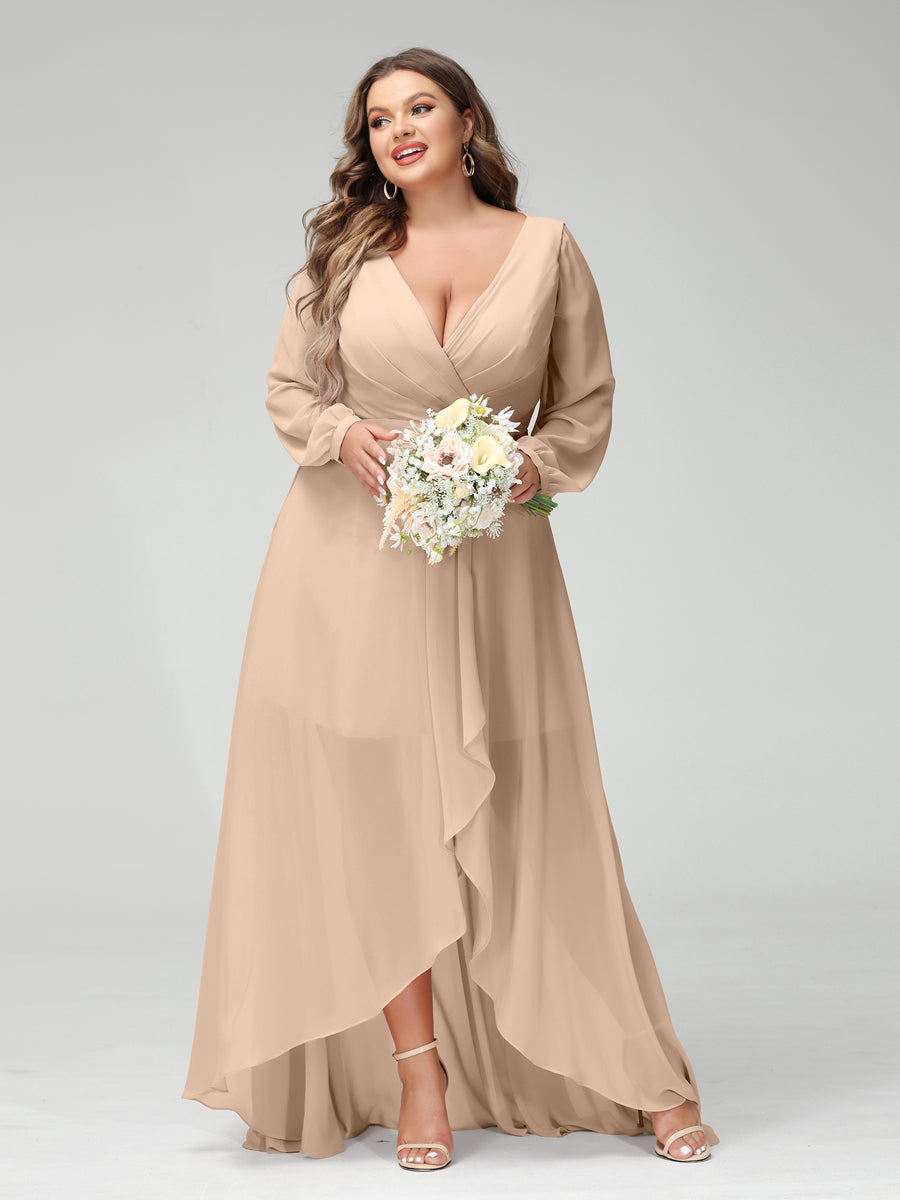 A-Line/Princess V-Neck Long Sleeves Chiffon Ruched Asymmetrical Plus Size Bridesmaid Dresses with Pockets Peach Pink