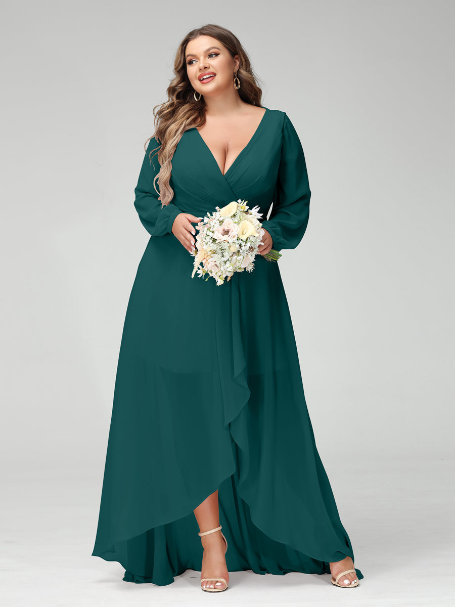 A-Line/Princess V-Neck Long Sleeves Chiffon Ruched Asymmetrical Plus Size Bridesmaid Dresses with Pockets Peacock
