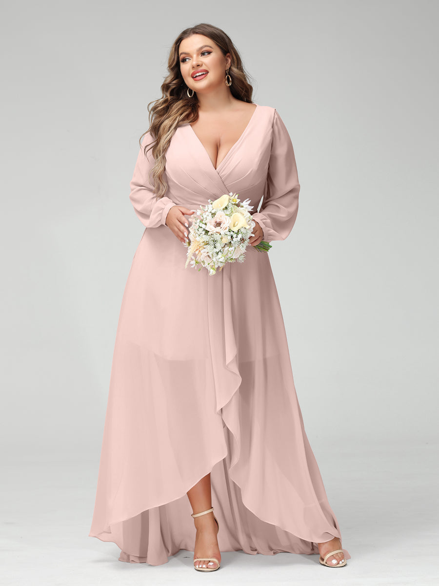 A-Line/Princess V-Neck Long Sleeves Chiffon Ruched Asymmetrical Plus Size Bridesmaid Dresses with Pockets Pearl Pink