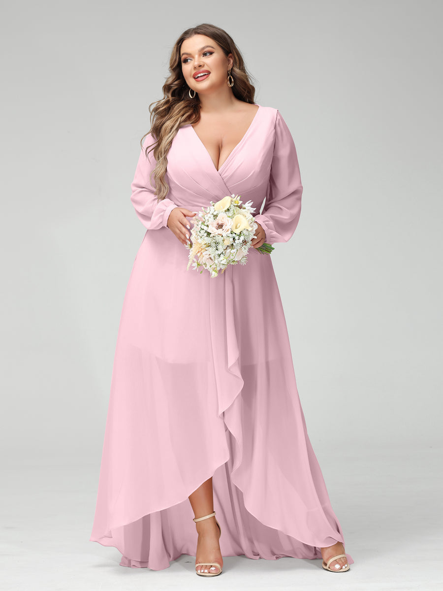 A-Line/Princess V-Neck Long Sleeves Chiffon Ruched Asymmetrical Plus Size Bridesmaid Dresses with Pockets Pink