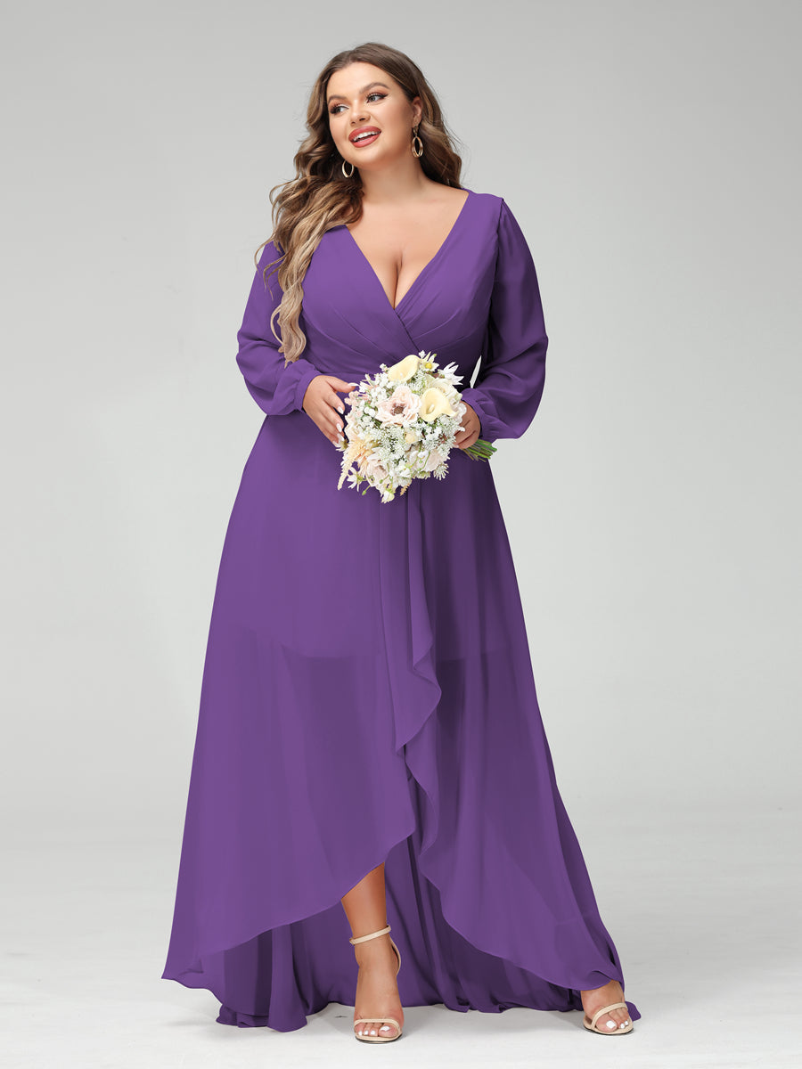 A-Line/Princess V-Neck Long Sleeves Chiffon Ruched Asymmetrical Plus Size Bridesmaid Dresses with Pockets Purple