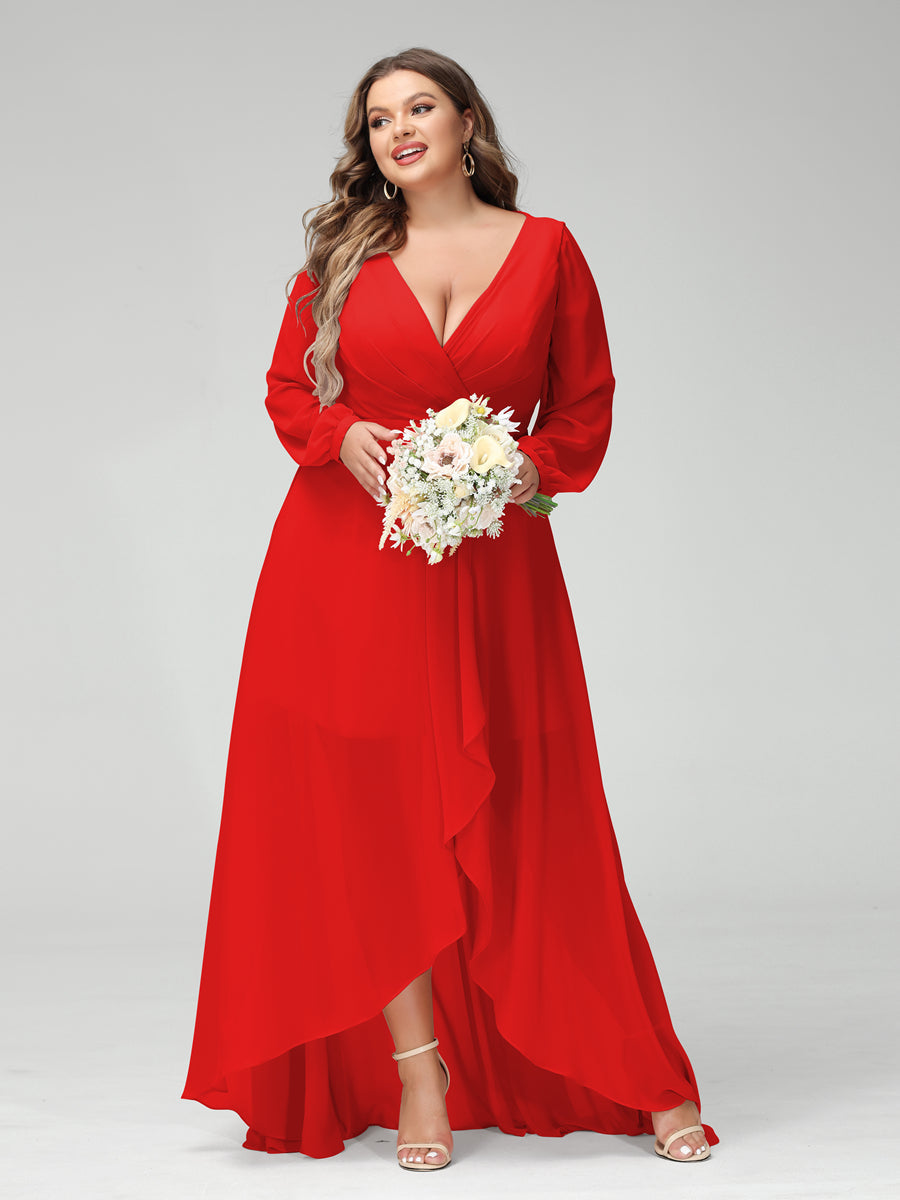 A-Line/Princess V-Neck Long Sleeves Chiffon Ruched Asymmetrical Plus Size Bridesmaid Dresses with Pockets Red