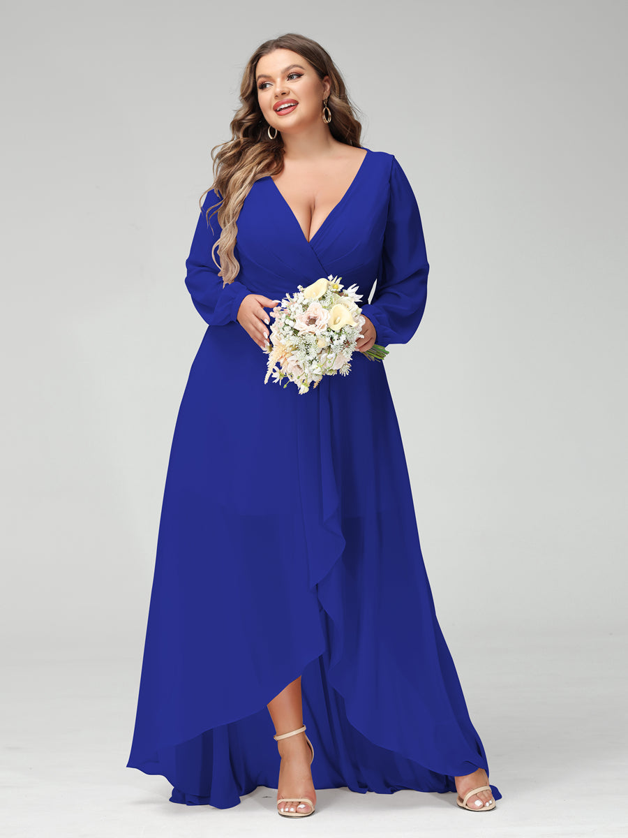 A-Line/Princess V-Neck Long Sleeves Chiffon Ruched Asymmetrical Plus Size Bridesmaid Dresses with Pockets Royal Blue