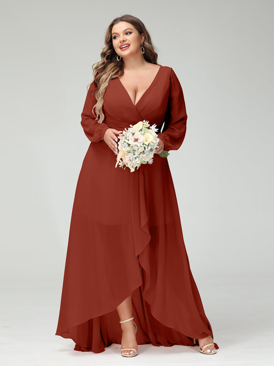 A-Line/Princess V-Neck Long Sleeves Chiffon Ruched Asymmetrical Plus Size Bridesmaid Dresses with Pockets Rust